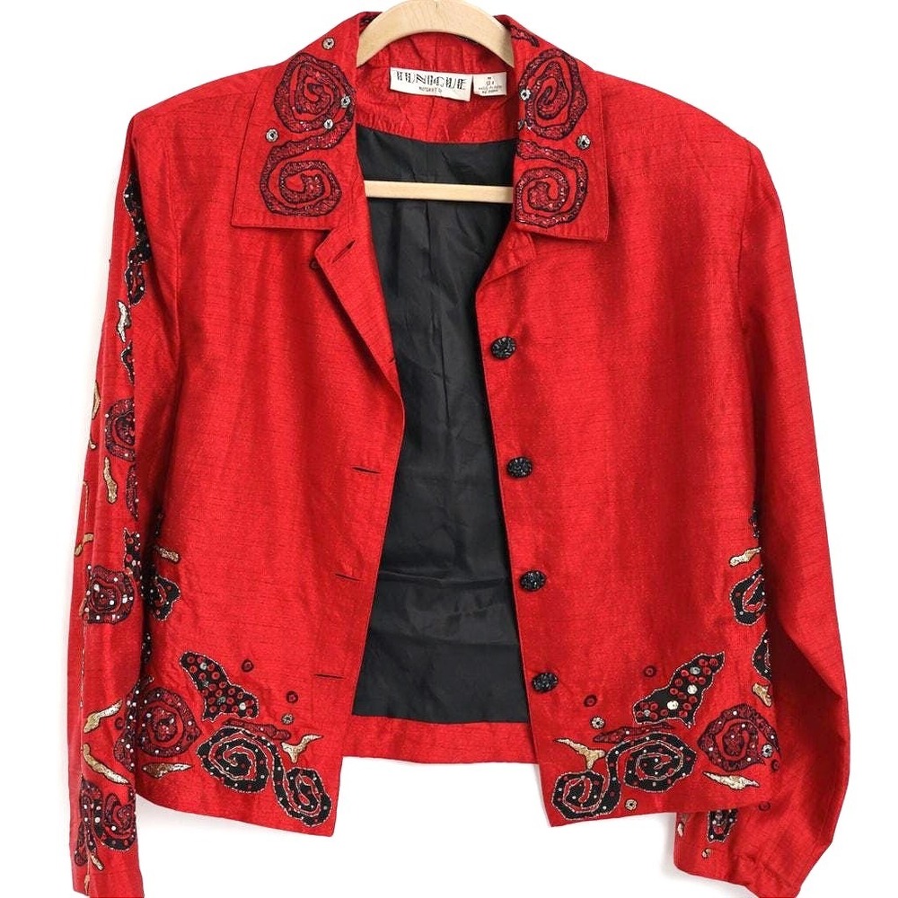 Vintage Red 100% Silk Embroidered Jacket Bohemian Folk Art Statement Jacket‎